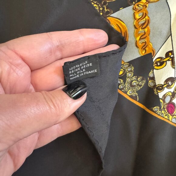 ECHO Silk Scarf Leopard Print Chain Logo Black Gold Brown Made in France Vintage - Picture 5 of 7